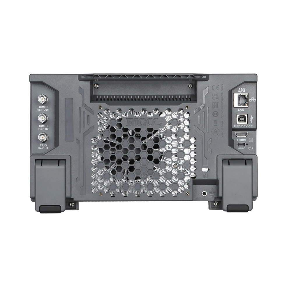The back of the RIGOL DNA814 vector network analyzer on a white background, Used for every product in the DNA800 Series