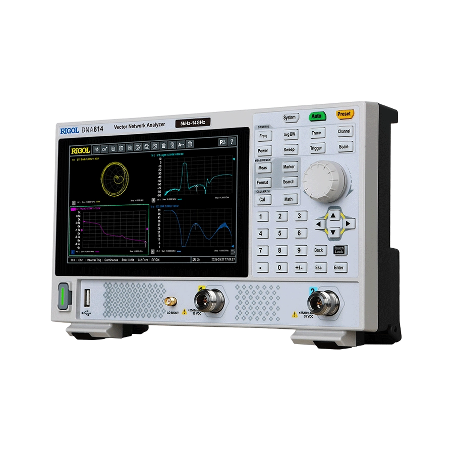 The RIGOL DNA814 vector network analyzer tiltet left on a white background, Used for every product in the DNA800 Series