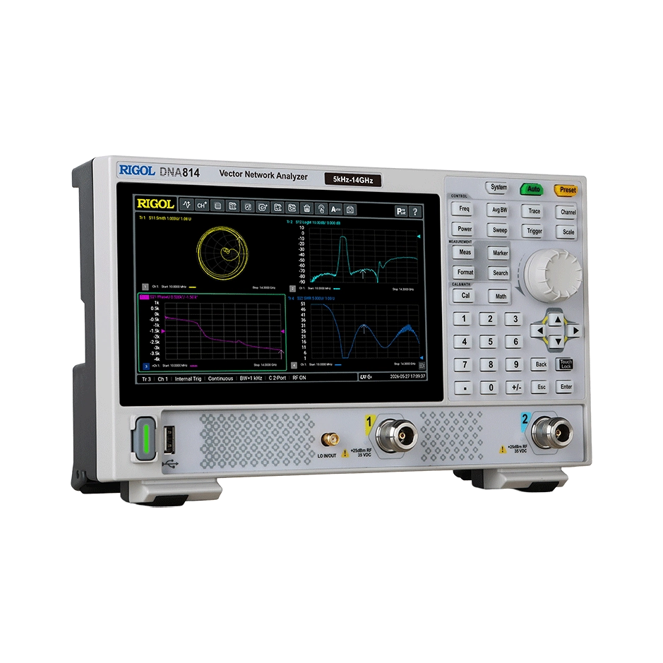 The RIGOL DNA814 vector network analyzer tiltet right on a white background, Used for every product in the DNA800 Series
