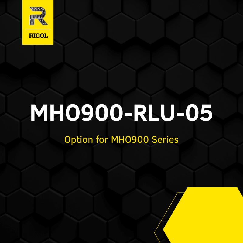 A black product graphic with a hexagonal pattern background, white text reading 'MHO900-RLU-05', yellow text reading 'Option for MHO900 Series', a yellow RIGOL logo in the top-left corner, and a yellow geometric shape in the bottom-right corner.
