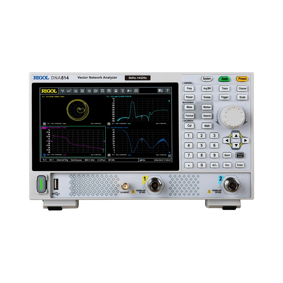 The front of the RIGOL DNA814 vector network analyzer on a white background, Used for every product in the DNA800 Series