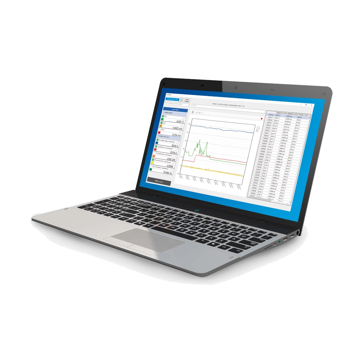 A silver laptop computer shown open at an angle, displaying a software dashboard with charts and tables on its screen, set against a plain white background.