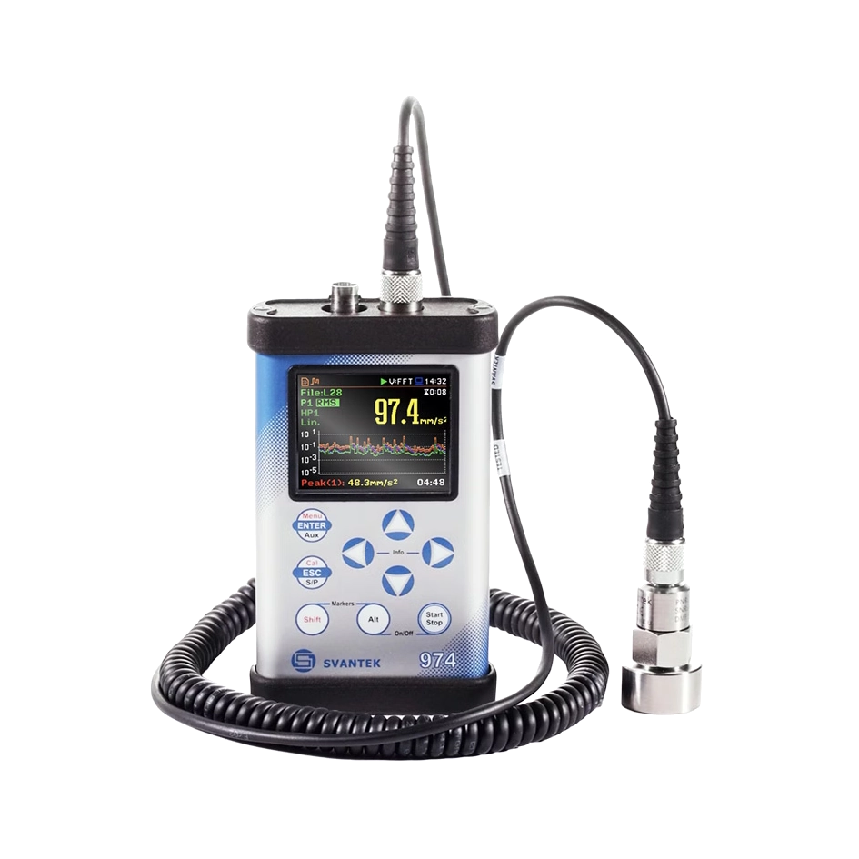 Svantek SVAN 974 Vibration Meter and FFT Analyser with a screen and control panel on a white background