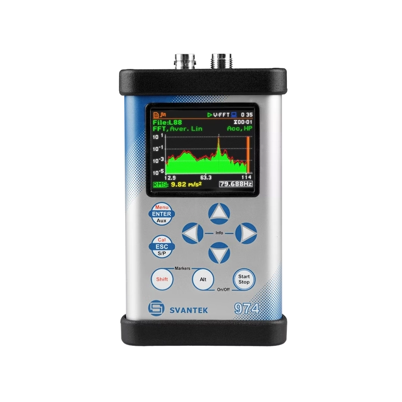 Svantek SVAN 974 Vibration Meter and FFT Analyser with digital display on a white background
