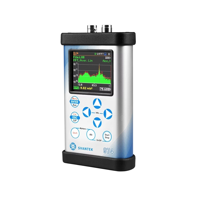Svantek SVAN 974 Vibration Meter and FFT Analyser with a screen and control buttons on a white background