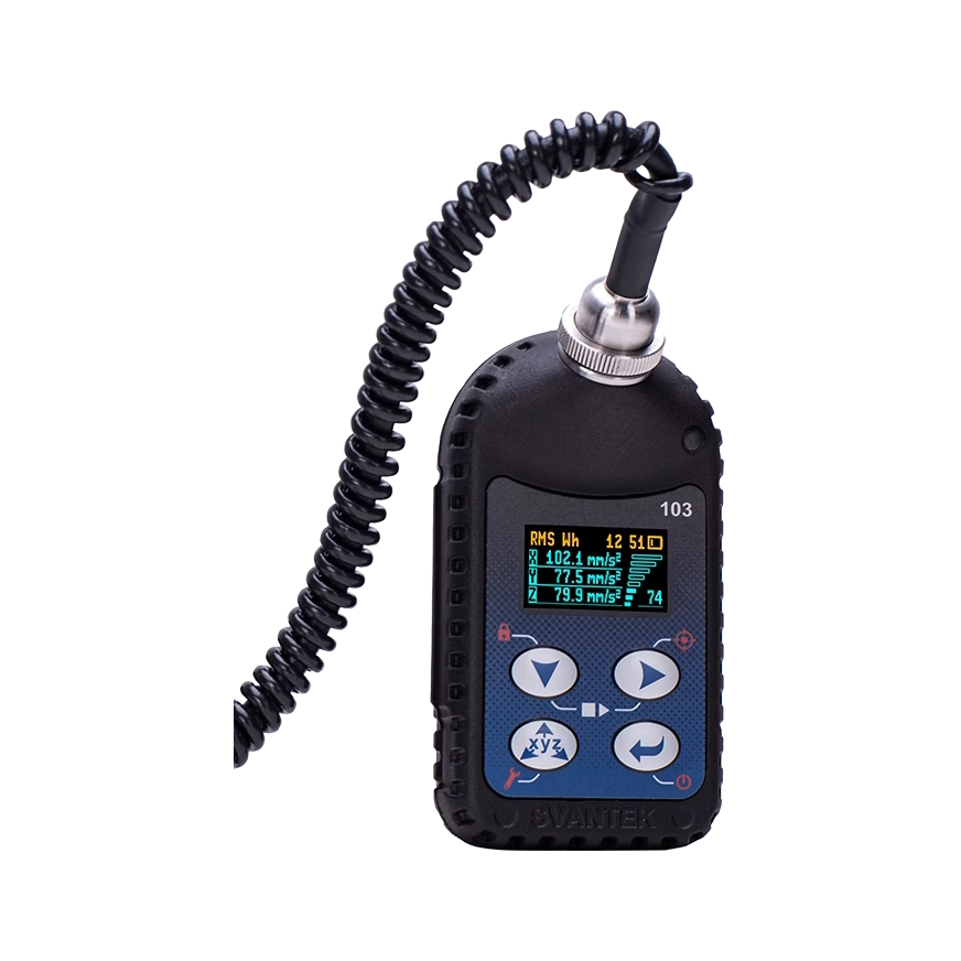 Svantek SV 103 Hand-Arm Vibration Dosimeter with a coiled cable on a white background