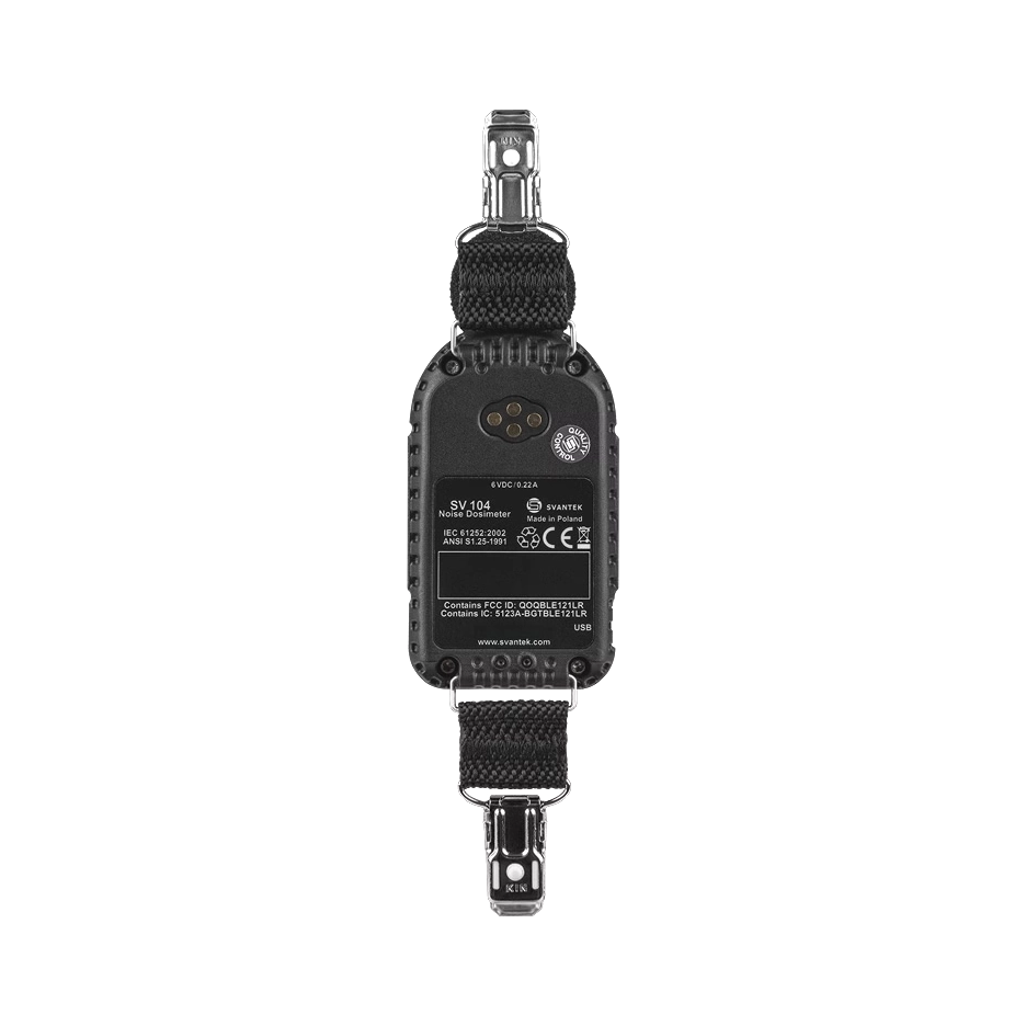 The back of the Svantek SV 104A Personal Noise Dosimeter with strap on a white background