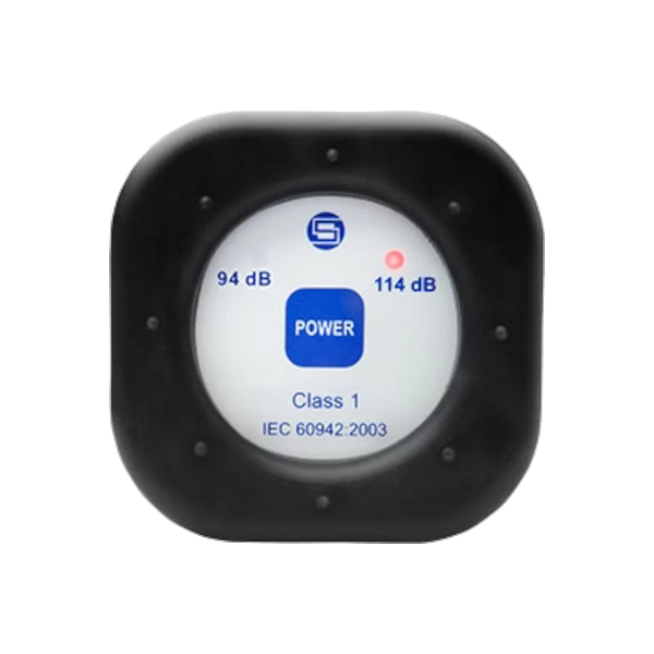 Black device with a white display showing sound level readings and power indicator on a white background