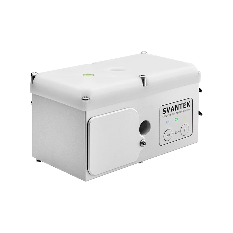 White electronic device with 'Svantek' branding on a white background its the Svantek SV 804 Wireless Triaxial Vibration Monitor