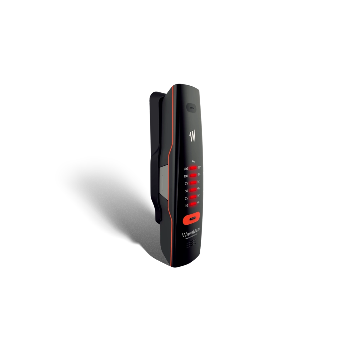 We have created a clip on holder that you can fasten to your harness, belt or arm, so that can take it in your hand and hold it close to a source of radiation, and then put it back easily.
You can also fasten the WaveMon RF personal monitor to a small carabiner to keep from dropping it.