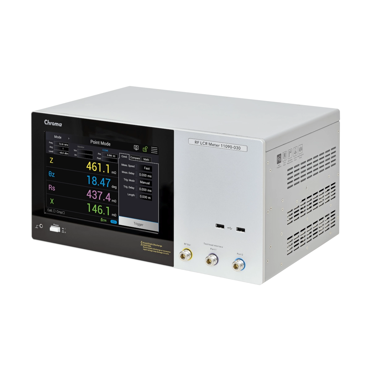 RF LCR Meter by Chroma on a white background Model 11090-030 Tiltet to the left