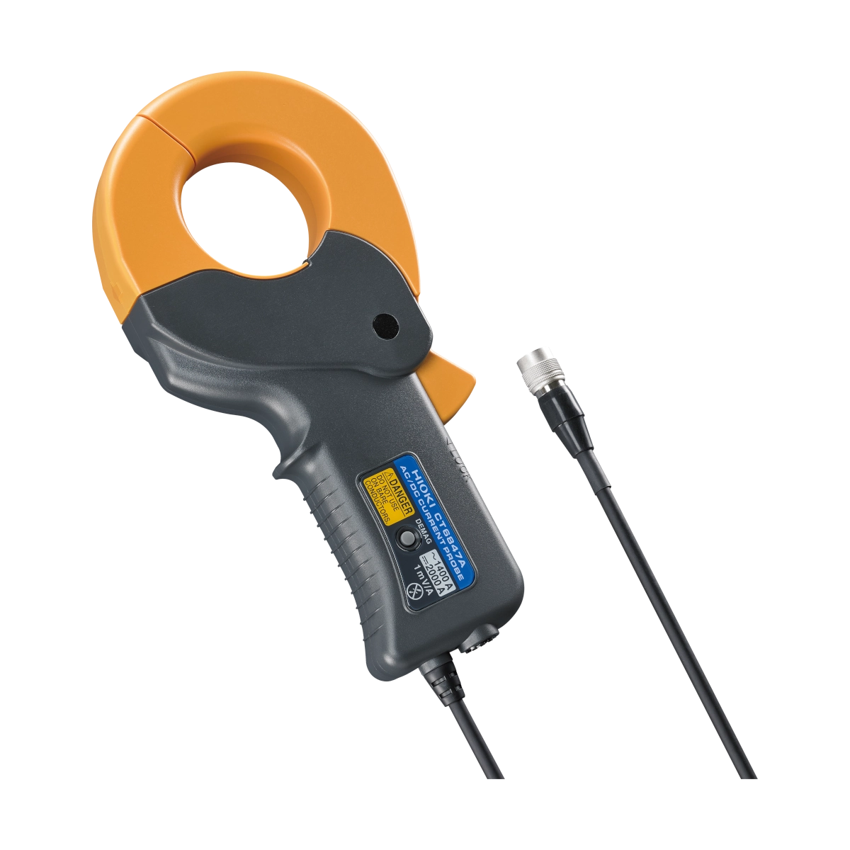 Electrical clamp meter with orange jaw and black handle on a white background Hioki CT6847A AC/DC Current Probe