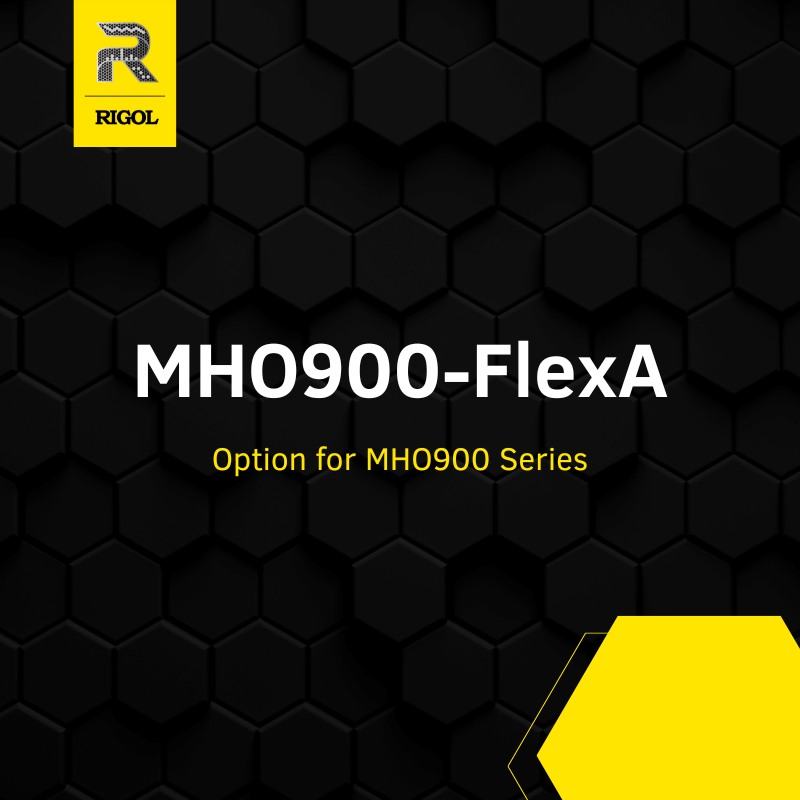 Promotional graphic for RIGOL MH0900-FlexA, showing white and yellow text on a black hexagonal patterned background with the RIGOL logo in the top-left corner.