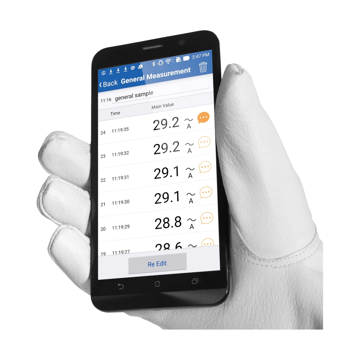 A white gloved hand holding a smartphone that displays a measurement app interface with a list of temperature readings, isolated on a white background.