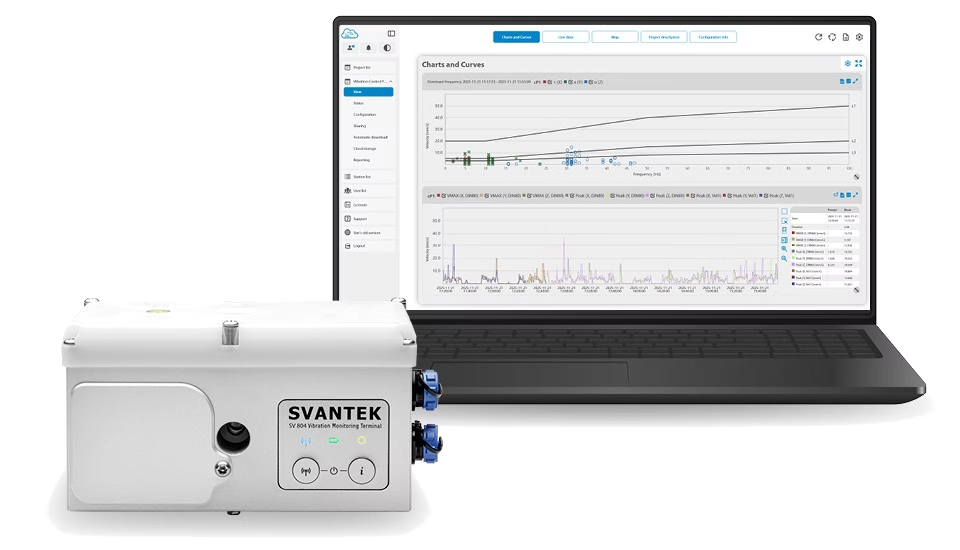 Svantek SV 804 Wireless Triaxial Vibration Monitor with a laptop displaying software interface on a white background