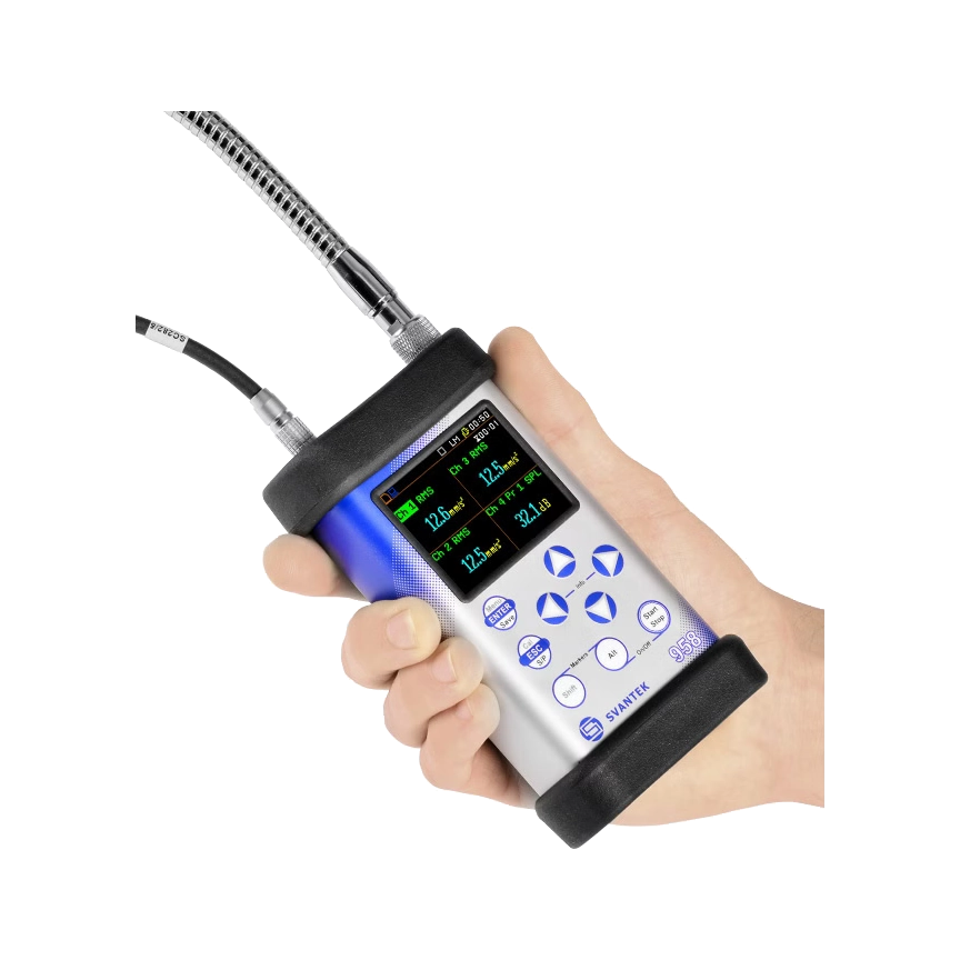 Hand holding a Svantek SVAN 958A Four Channel Sound & Vibration Meter with a screen and buttons on a white background
