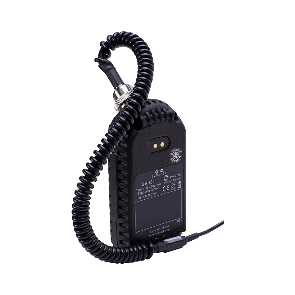 Svantek SV 103 Hand-Arm Vibration Dosimeterwith coiled cable on a white background