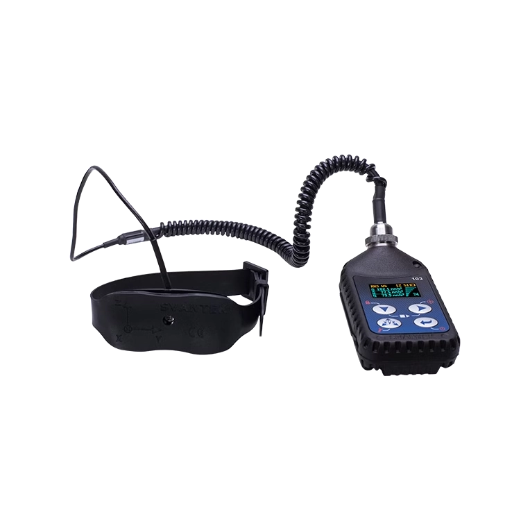 Black electronic device with coiled cable on a white background. This is the Svantek SV 103 Hand-Arm Vibration Dosimeter