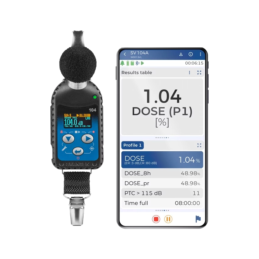 Svantek SV 104A Personal Noise Dosimeter with smartphone displaying measurement results on a white background