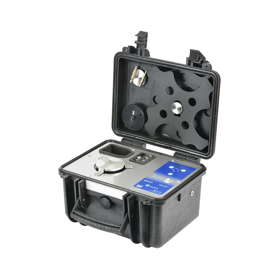 Black Svantek SV 111 Portable Vibration Calibrator with a blue screen in an open case on a white background