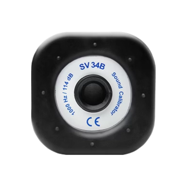 Black sound calibration device with 'SV 34B' label on a white background