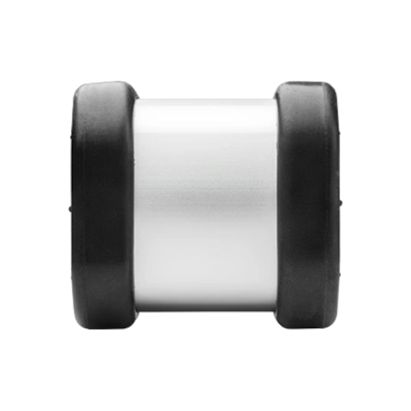 Metallic cylindrical object with black ends on a white background