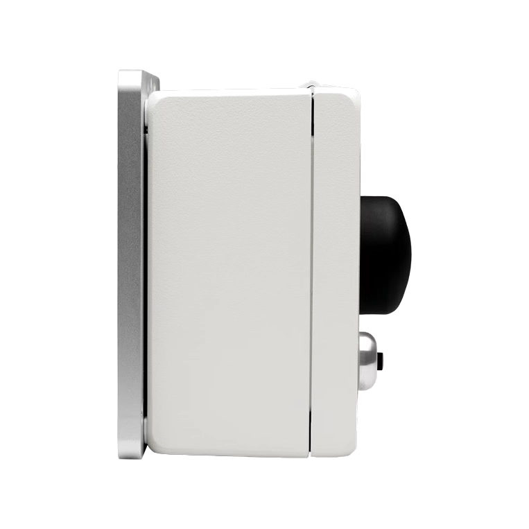 White electronic device with a black component on a white background