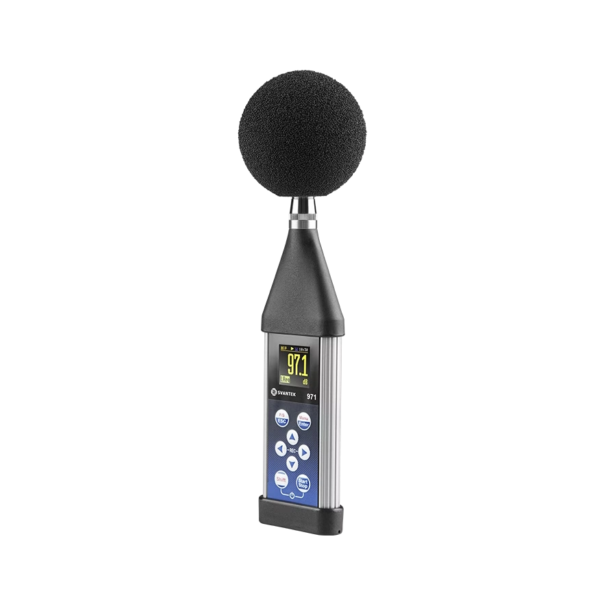 Sound level meter with a black microphone on a white background