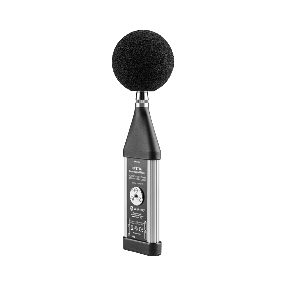 Sound level meter with a black foam microphone on a white background