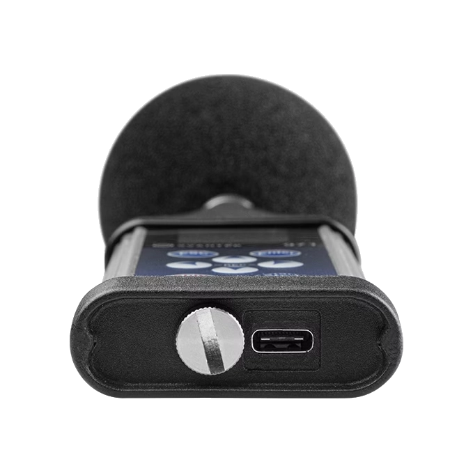 Black handheld microphone with digital display on a white background