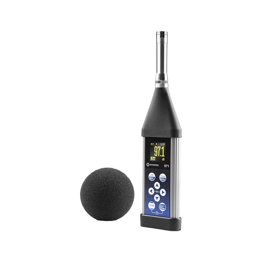 Sound level meter with a microphone on a white background