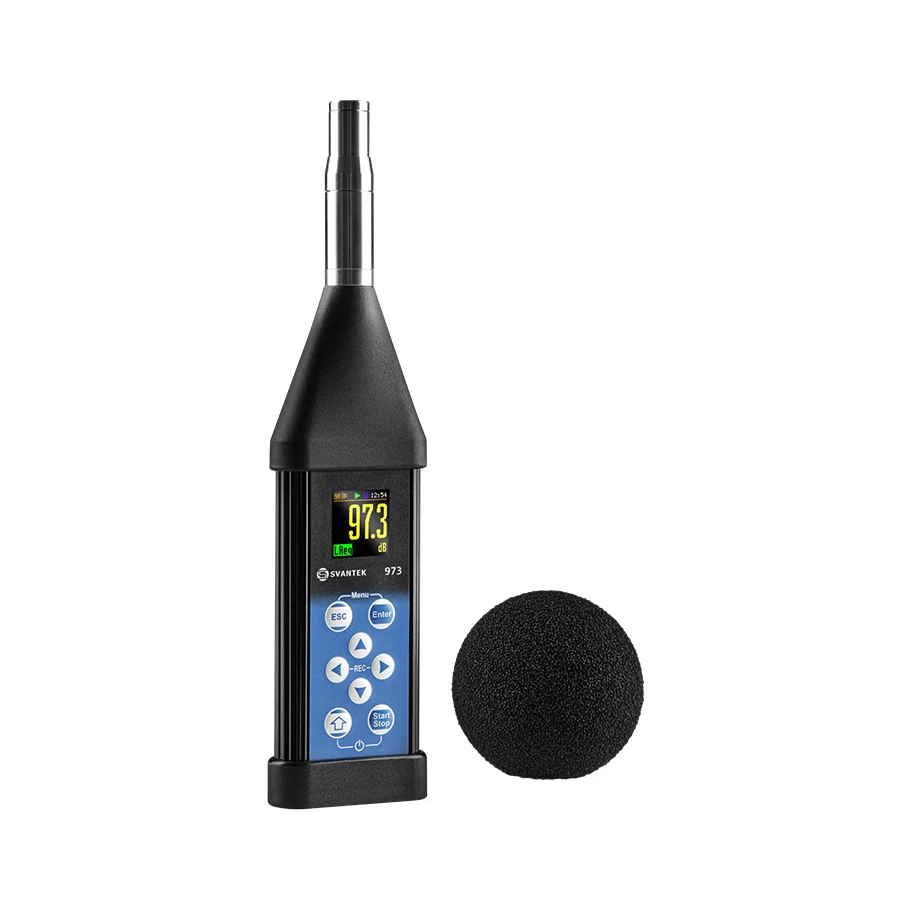 Sound level meter with a microphone on a white background