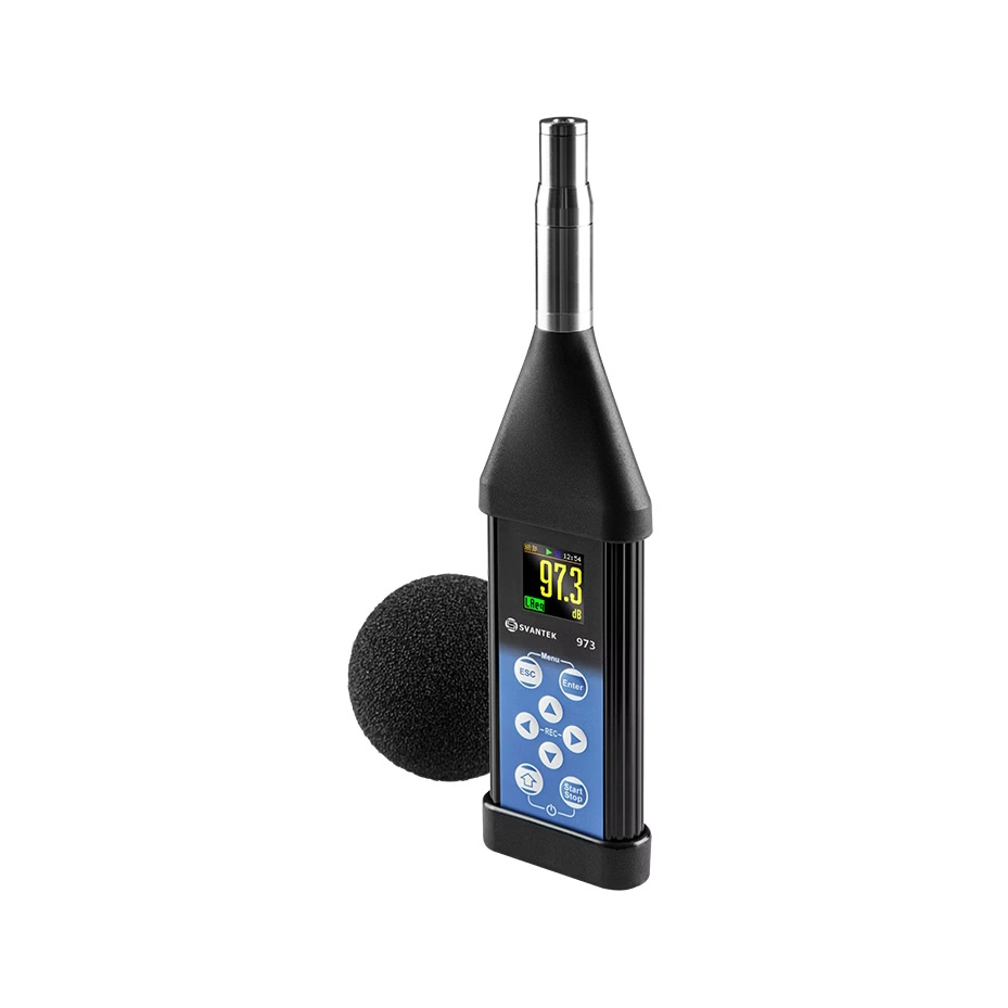 Sound level meter with digital display on a white background