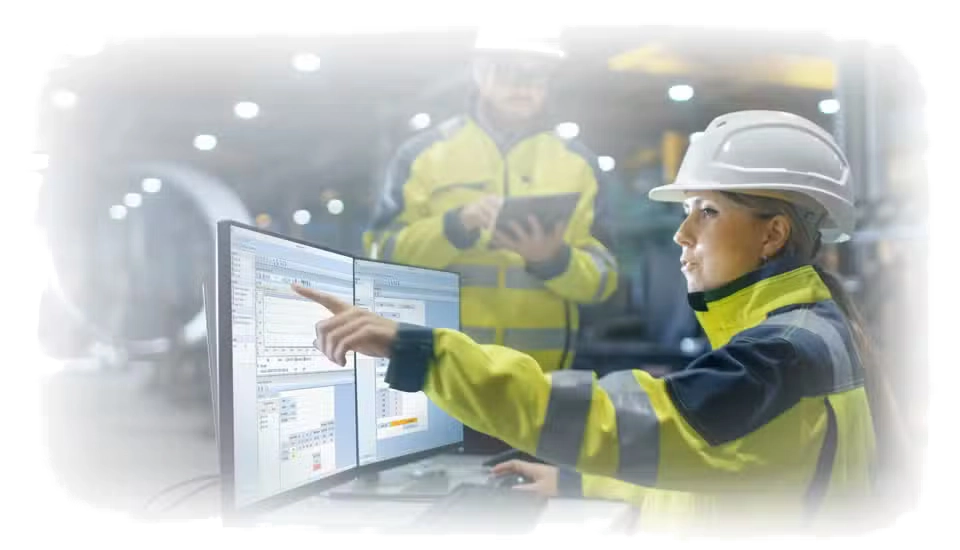 Person in safety gear interacting with a computer screen with Svantek Supervisor PC Software for Health and Safety in an industrial setting