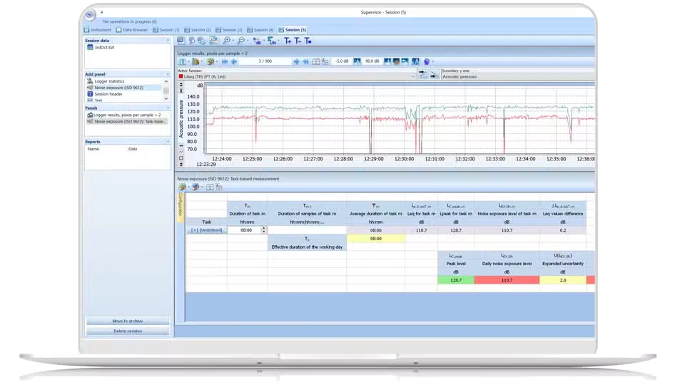 Computer screen displaying Svantek Supervisor PC Software for Health and Safety with various windows and panels.