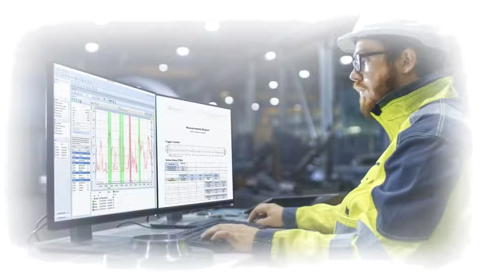 Person in safety gear working at a computer with Svantek Supervisor PC Software for Health and Safety with graphs on the screen
