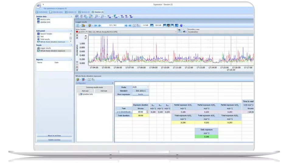 Laptop displaying Svantek Supervisor PC Software for Health and Safety with graphs and data on a white background