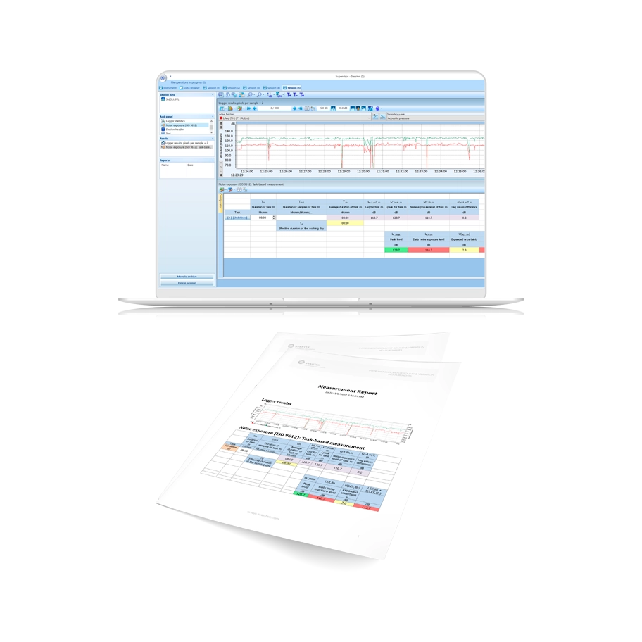 Laptop displaying a software interface with printed report on a white background, the software is Svantek Supervisor PC Software for Health and Safety
