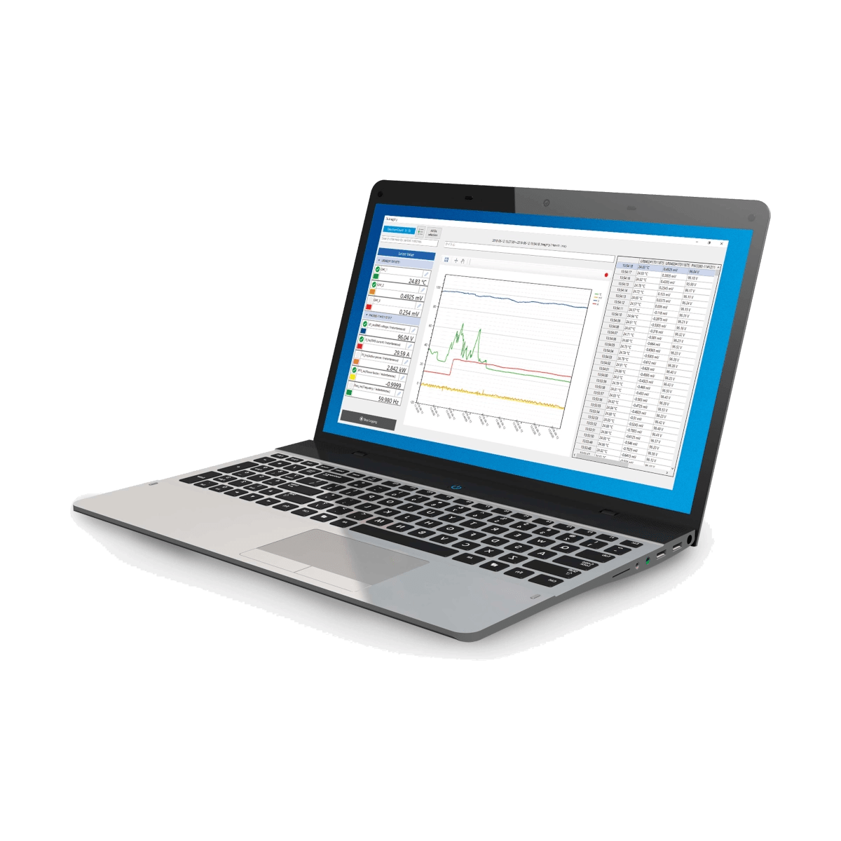 A silver laptop computer shown open at an angle, displaying a software dashboard with charts and tables on its screen, set against a plain white background.